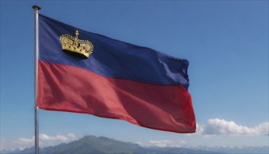 The flag of Liechtenstein flutters in the wind