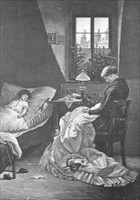 Mother keeping watch at the bedside of a sick child and sewing a dress, Historic, digitally