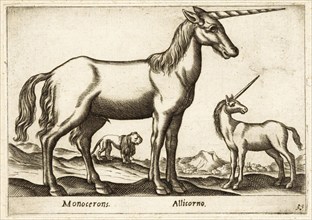 Mythical creature, unicorn, two unicorns and a lion, drawing by Antonio Tempesta (1555, 1630),