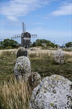 Stone settlement and traditional windmill at the cemetery of Gettlinge (Gettlinge gravfält), which