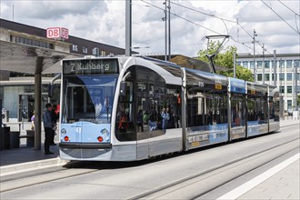 Siemens Combino public transport tram at the main station stop in Ulm, Germany, Europe