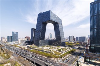 Beijing central business district CBD skyline with the headquarters of Chinese television CCTV in