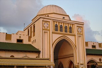 Market Hall, Nea Agora, building with a large dome and arches, historically designed with pink and