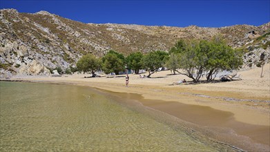 Quiet beach with clear water and golden sand, surrounded by trees and rocks under a deep blue sky,