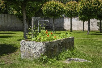 Old stone drinking fountain, Heiligkreuztal monastery, Biberach district, Upper Swabia,