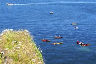 People on kayaks, White Cliffs. Old Harry Rocks Jurassic Coast, Dorset Coast, Poole, England,