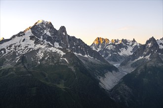 Morning atmosphere, mountain landscape at sunrise, mountain peaks, Aiguille Verte and Grandes