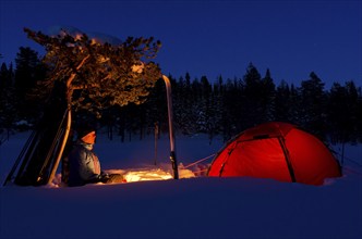 Tent in mountain landscape, Sarek National Park, World Heritage Laponia, Norrbotten, Lapland,