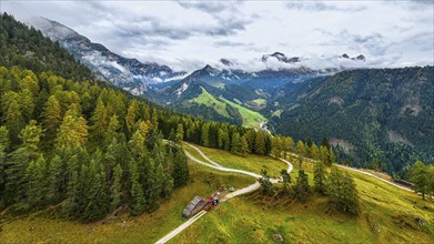 Forest work on the alpine meadow Wuhnleger, in the background the peaks of the rose garden,