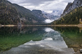 The Vordere Gosausee lake in autumn with a view of the Dachstein mountain range. The Gosaukamm on