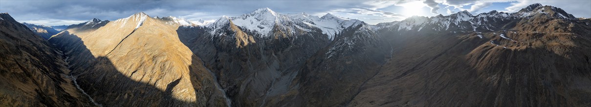 Evening mood, Niedertal valley with three thousand metre peaks, Alpine panorama, aerial view,