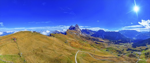 The peaks Sas Rigais and Furchetta of the Geisler group, wide-angle panoramic photo, drone photo,