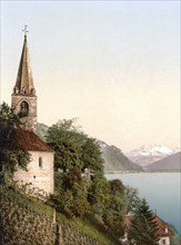 Montreux, the church and Dent du Midi, Geneva Lake, Switzerland, Historic, digitally restored