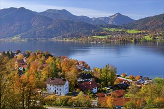 Panorama of town and lake with view to the lakeshore of Bad Wiessee in autumn, town Tegernsee,