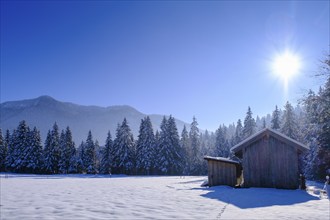 Jachenau near the Landerermühle, Jachenau, in winter, Tölzer Land, Upper Bavaria, Bavaria, Germany,