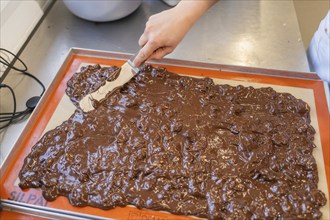 Close-up of a hand spreading chocolate on a baking mat with a spatula, Burch Schokolade production,