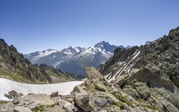 Mountain panorama, mountain landscape with mountain peak Aiguille Verte, Mont Blanc massif,