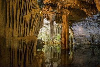 Huge stalactites and underground lake, stalactite cave, Grotta di Nettuno, Neptune Grotto, Capo