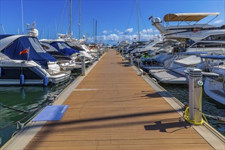 Luxury yachts anchored in the harbour of Santa Eularia des Rui, Ibiza, Balearic Islands,