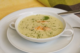 Southern German cuisine, sorrel soup with char, freshwater fish, soup served in soup bowl, herbs,