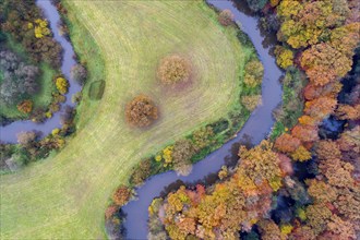 Aerial view of the Hunte in autumn, Meander, Hunte loop, Hunte, river, tree, forest, autumn