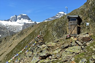 Toilet block at the Bietschhorn hut of the Academic Alpine Club of Bern AACB in the Valais Alps,