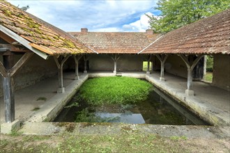 Washhouse in Montaigu-le-Blin village features a grassy basin, Allier. Auvergne-Rhone-Alpes,