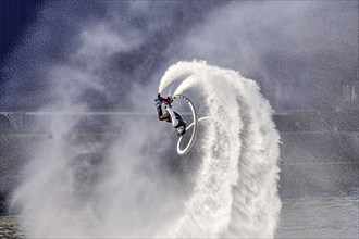 Harbour festival in Stuttgart. Spectacular jet ski and flyboard show on the Neckar. Stuttgart,