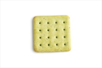 Green cracker pile isolated on white background. top view, flat lay, close up