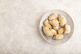 Homemade sweet cookie with apple jam on gray concrete background. top view, flat lay, copy space