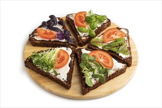 Grain rye bread sandwiches with cream cheese, tomatoes and microgreen isolated on white background.