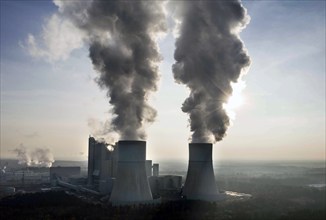 Aerial view of the Schwarze Pumpe lignite-fired power plant operated by LEAG Lausitz Energie