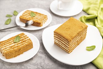 Homemade honey cake with milk cream and mint with cup of coffee on a gray concrete background and