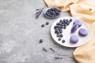 Purple macarons or macaroons cakes with blueberries on white ceramic plate on a gray concrete