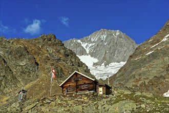 Bietschhorn hut of the Academic Alpine Club of Bern AACB, Bietschhorn summit at the rear,