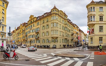 Intersection of Leonardo-Da-Vinci-Strasse and Sparkassenstrasse in Bolzano, South Tyrol, Italy,