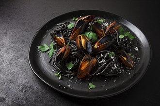 Spaghetti with black squid, black pasta, with boiled mussels, on a black plate, with parsley and