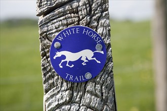 Close up of way marker sign for the White Horse Trail in Wiltshire, England, UK. The White Horse