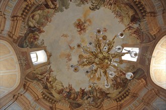 Interior with chandelier and ceiling painting, view upwards, baroque, arts and crafts, painting,