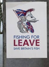 Fishing for Leave Brexit Save Britain's Fish poster at Orford, Suffolk, England, UK