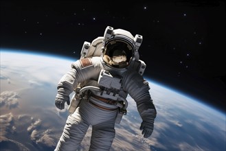 Astronaut Floating Above Earth in Space with extravehicular mobility unit and backpack. Wonder and