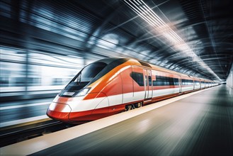 Modern high speed train in a futuristic train station. Modern transportation technology, speed,