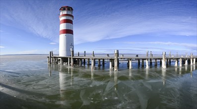 Frozen lake, ice, lighthouse, Podersdorf am See, Lake Neusiedl, Burgenland, Austria, Europe