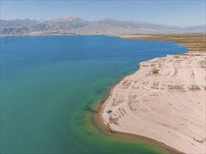 Aerial view, erosion landscape on the Naryn River, Toktogul Reservoir, Kyrgyzstan, Asia