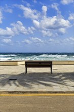 Empty bench with view of the surf, Las Negras, Cabo-de-Gata-Nijar, Cabo de Gata, Almeria,