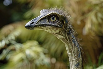 Close up of head of Gallimimus dinosaur. Generative Ai, AI generated