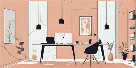 Minimalist illustration of an abstract symbolic wallpaper composition representing home office, AI