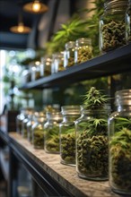 Cannabis dispensary interior with varieties of cannabis plants densely packed, AI generated