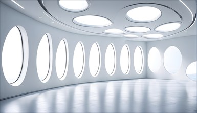 Three dimensional rendering of a futuristic empty room with skylights, AI generated