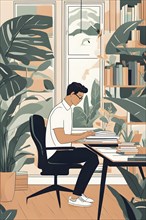 Wallpaper illustration of a man working at home office, AI generated